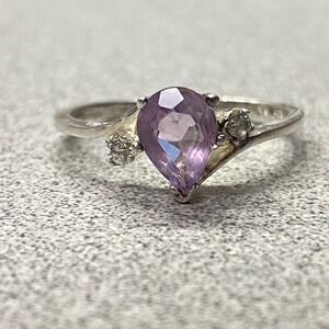 Vintage Avon Signed Sterling Silver 925 Pear Amethyst & CZ Accent Ring Size 8.75